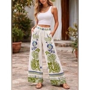 Haute Hippie Style Floral Tropical White Wide Leg Pants Green Blue Botanical M